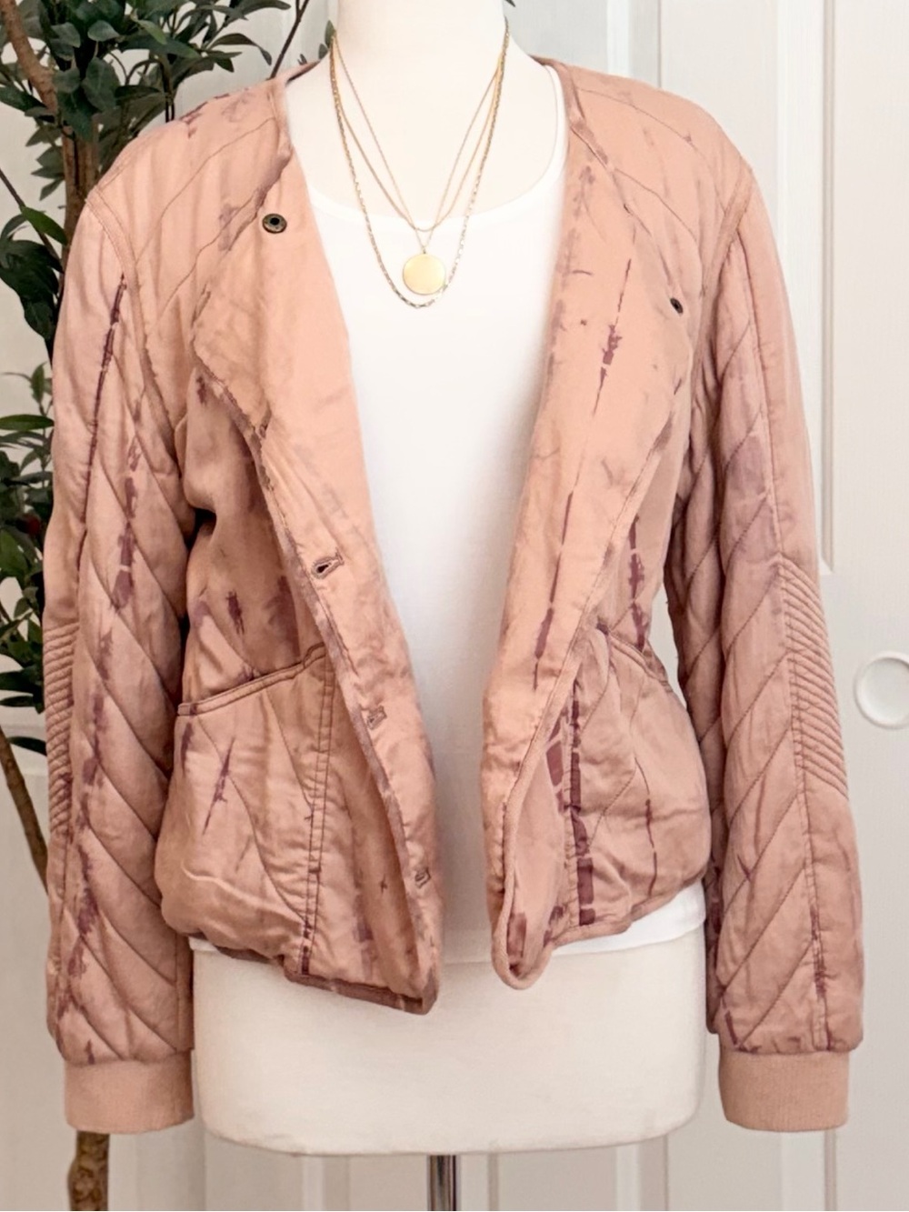 Anthropologie Marrakech Tie-Dye Quilted Moto Bomber Jacket PEACH BLUSH